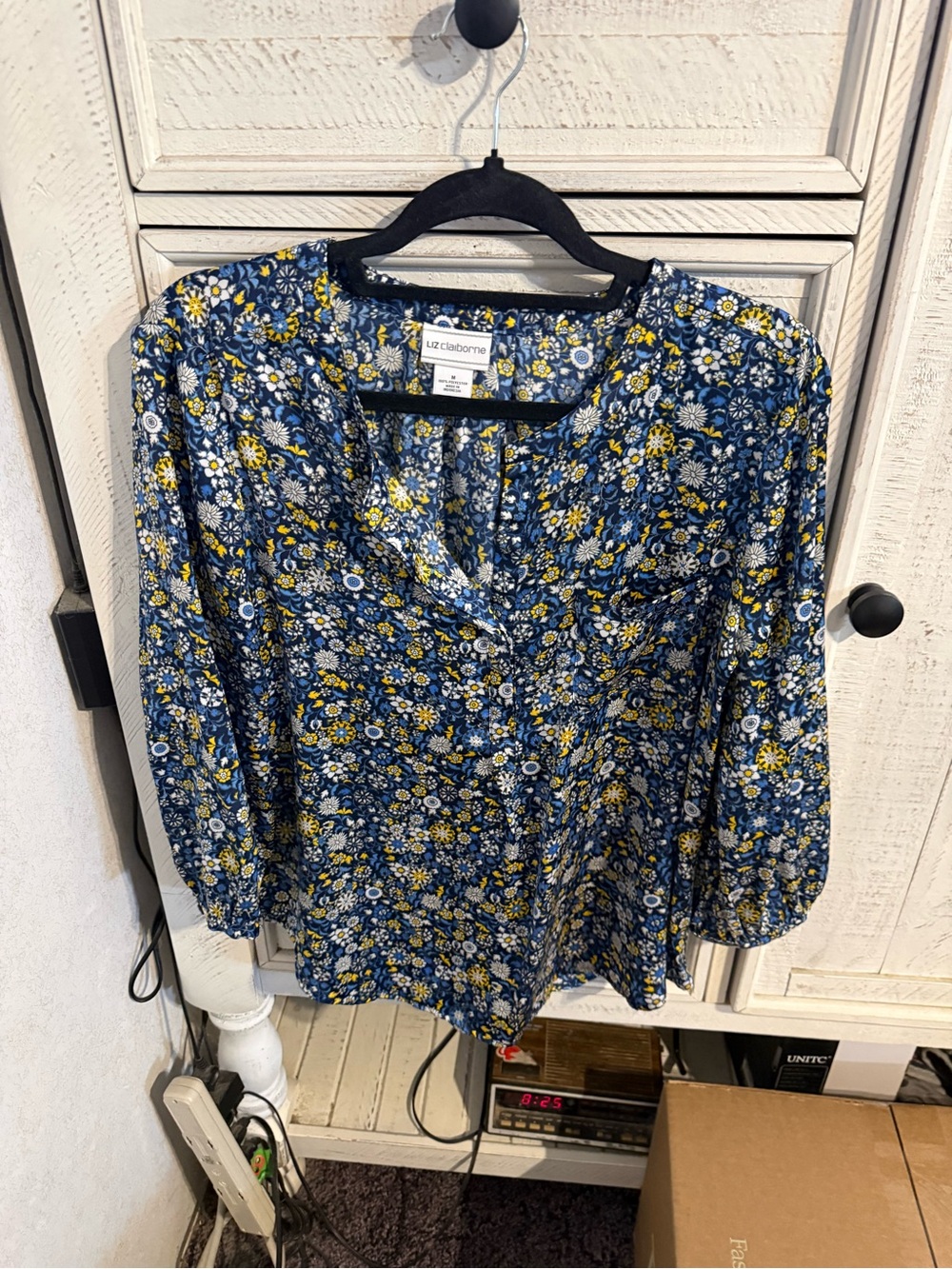 Liz Claiborne Navy and Yellow Floral Button-Up Blouse